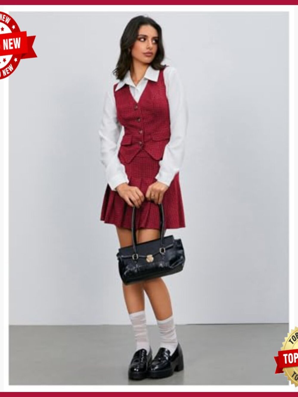 Plaid Skirt Set with Blazer Vest and Pleated Mini Skirt, Business Outfit - Picture 5 of 7